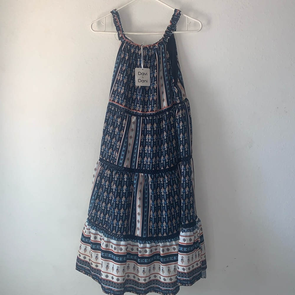 Davi & Dani Navy Blue Printed Sleeveless Ruffled Mini Dress Sizes Small